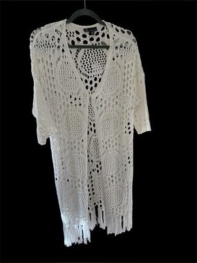 Crochet Open Front Kimono Cardigan - White Fringe
